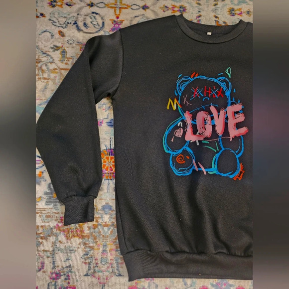 SHEIN Women's Black & Neon Bear Graphic LOVE Sweatshirt Pullover Top Shirt XS - Picture 5 of 16